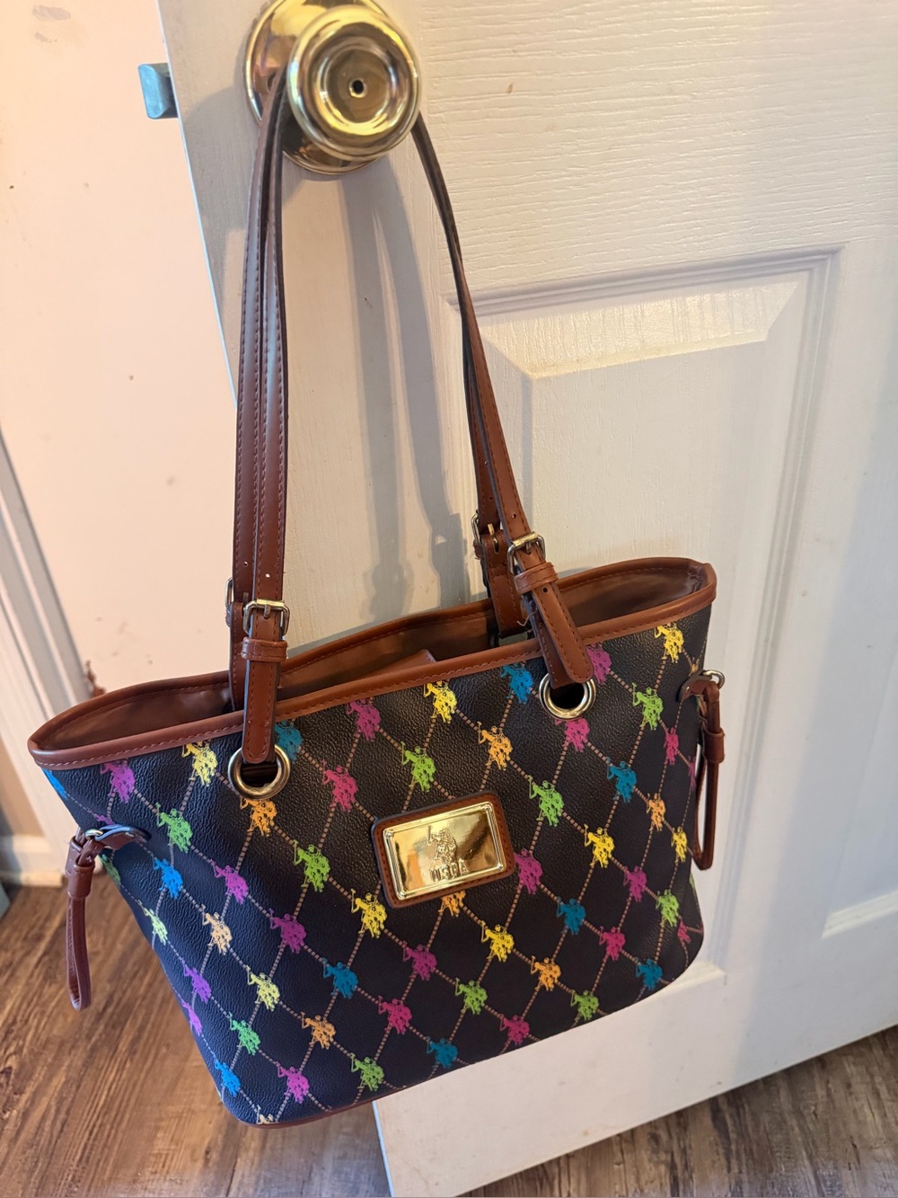 U.S. Polo Assn. Black Tote with Multicolor Pony Print and Brown Trim